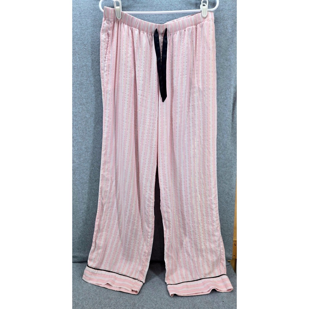 Victoria's Secret Pink White Striped Gold Lurex Pajama Set Large Button Down PJ - Picture 7 of 10